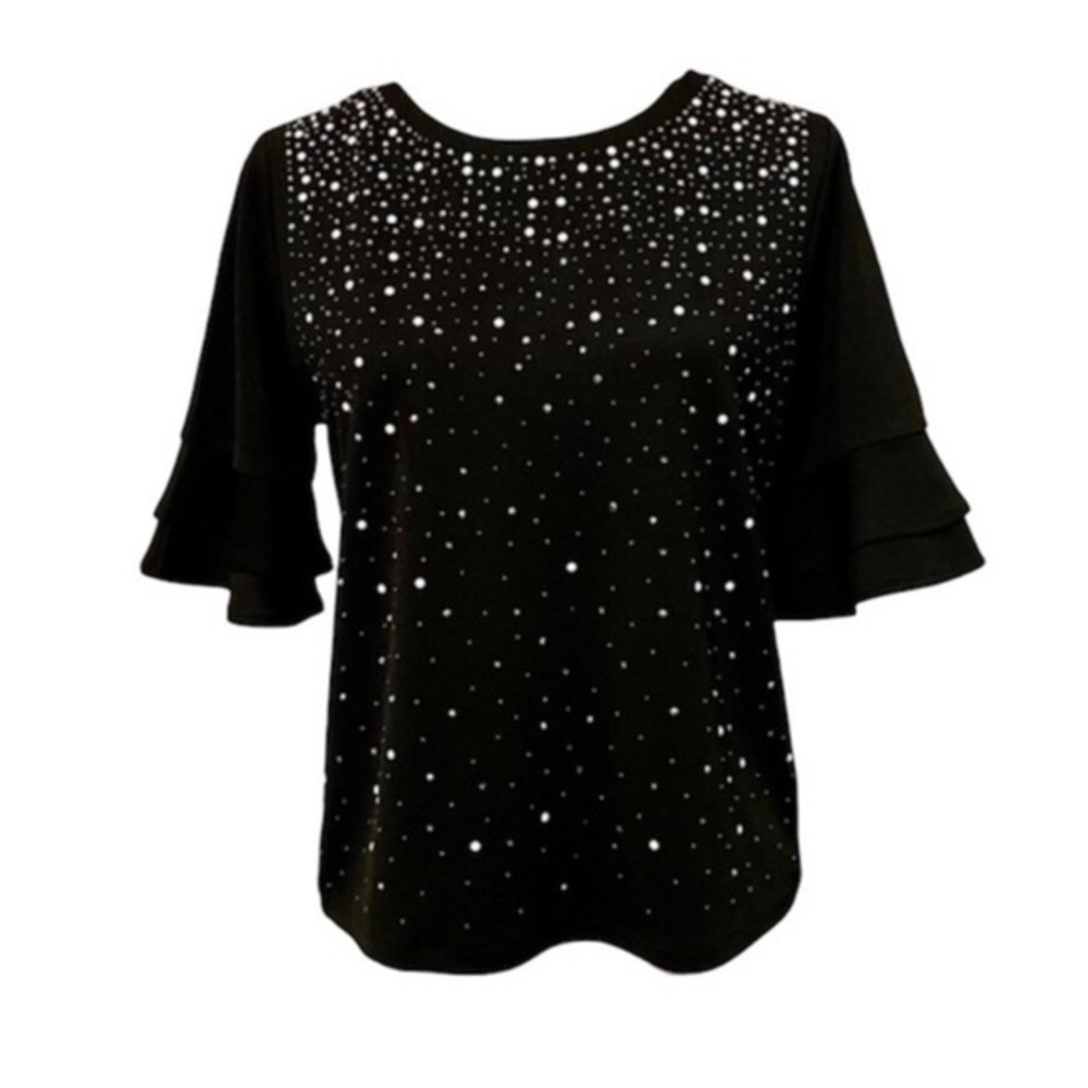 New York & Company Embellished Top with triple ruffle sleeves- XL
